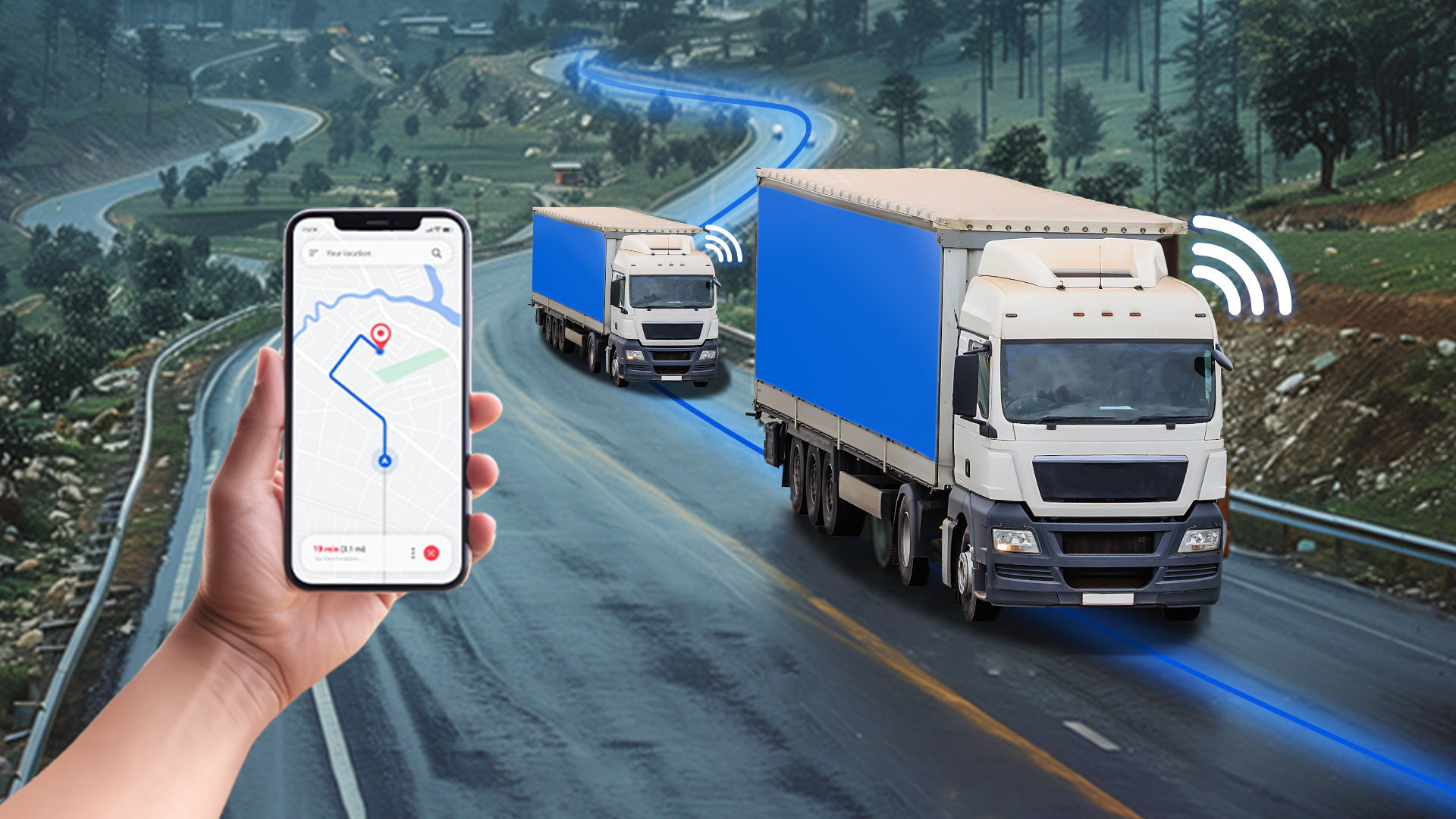 Connected trucks on a road